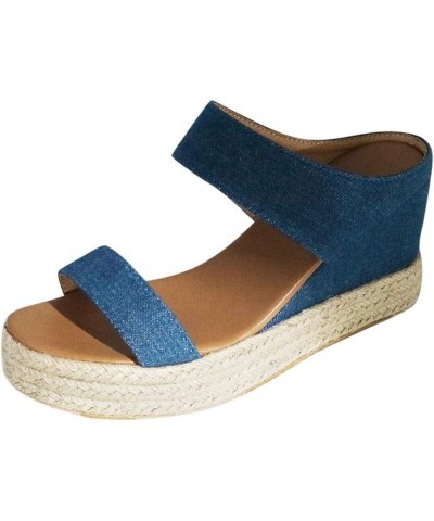 Beach Sandals Wedges Slip-On Breathable Open Casual Shoes Summer Straw Toe Women Women's Wedge Heels for Women Open Toe Blue ...