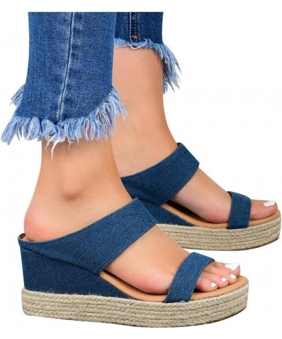 Beach Sandals Wedges Slip-On Breathable Open Casual Shoes Summer Straw Toe Women Women's Wedge Heels for Women Open Toe Blue ...