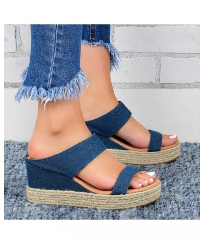 Beach Sandals Wedges Slip-On Breathable Open Casual Shoes Summer Straw Toe Women Women's Wedge Heels for Women Open Toe Blue ...