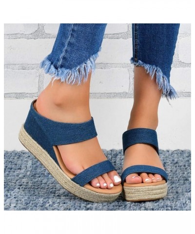 Beach Sandals Wedges Slip-On Breathable Open Casual Shoes Summer Straw Toe Women Women's Wedge Heels for Women Open Toe Blue ...