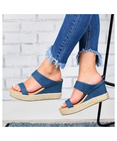 Beach Sandals Wedges Slip-On Breathable Open Casual Shoes Summer Straw Toe Women Women's Wedge Heels for Women Open Toe Blue ...