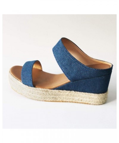 Beach Sandals Wedges Slip-On Breathable Open Casual Shoes Summer Straw Toe Women Women's Wedge Heels for Women Open Toe Blue ...