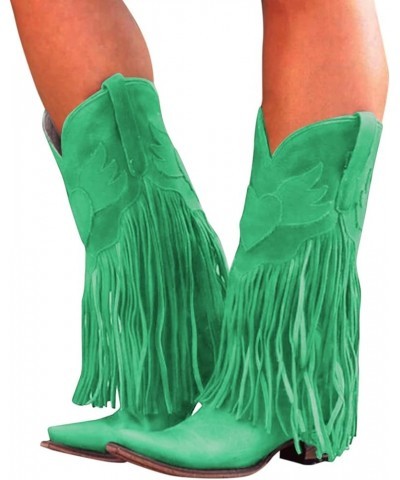 Winter Boots for Women Vintage Tassel Knee High Tall Square Toe Pull On Walking Boots Fashion Comfy Western Boots Green $22.7...