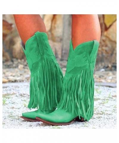 Winter Boots for Women Vintage Tassel Knee High Tall Square Toe Pull On Walking Boots Fashion Comfy Western Boots Green $22.7...