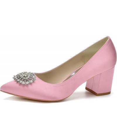 Women's Satin Wedding Shoes Pointed Closed Toe Chunky Heel Bridal Shoes Crystal Slip on Pumps Pink $38.68 Pumps