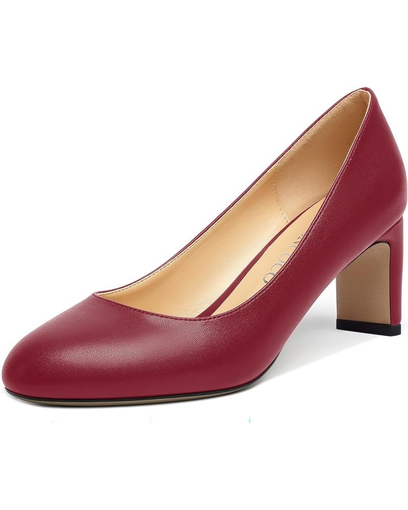 Womens Office Comfortable Formal Round Toe Matte Slip On Block Mid Heel Pumps Dress Shoes 2.5 Inch Burgundy $37.90 Pumps