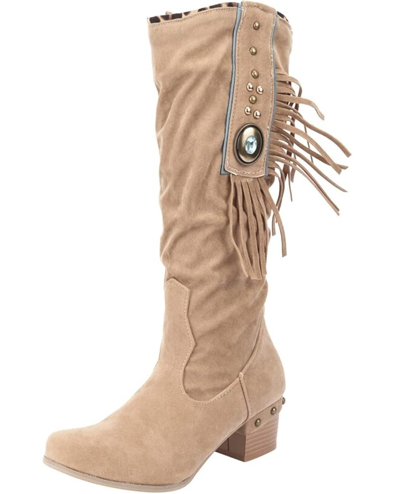 Ladies Fashion Tassel Rhinestone Boots Pointed Toe Chunky High Heel Boots Womens Dress Boots Knee High Khaki $25.93 Boots