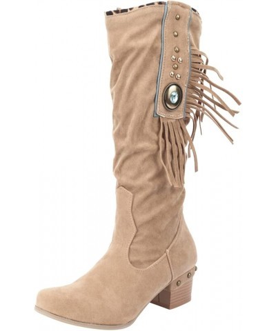 Ladies Fashion Tassel Rhinestone Boots Pointed Toe Chunky High Heel Boots Womens Dress Boots Knee High Khaki $25.93 Boots