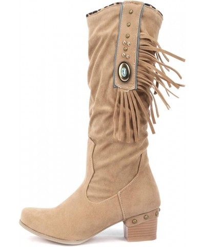 Ladies Fashion Tassel Rhinestone Boots Pointed Toe Chunky High Heel Boots Womens Dress Boots Knee High Khaki $25.93 Boots