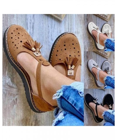 Sandals for Women,Womens Tassel Leather Platform Sandal Closed Toe Buckle Shoes Ankle Strap Heeled Casual Shoes,Brown,US7.5/E...