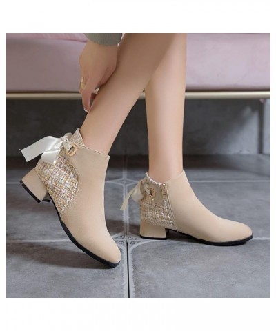 Women's Chunky Heel Booties with Zippers Beige $29.14 Boots