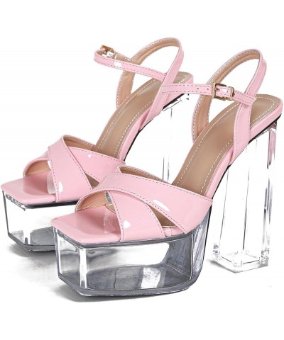 Platform Clear Heels for Women Chunky Heel Open Toe Ankle Strap Heels 744 Pink $30.77 Pumps