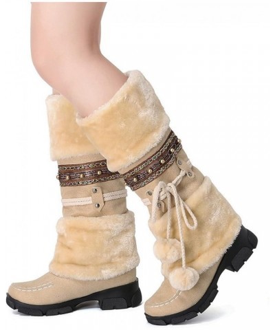 Women's Fur Lined Winter Snow Boots Short Booties Mid Calf Fashion Boot Art Resin Button Faux Suede Boots for Women A1-beige ...