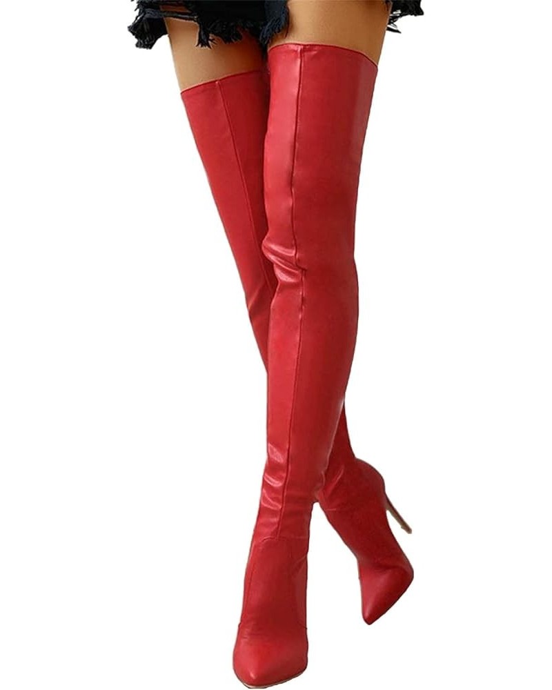 Womens Stretch Thigh High Boots Low Chunky Heel Sexy Zipper Round Toe Over The Knee High Riding Boots 37 for women B-red $32....