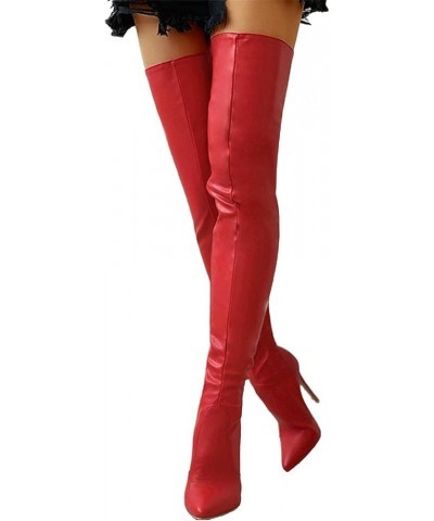 Womens Stretch Thigh High Boots Low Chunky Heel Sexy Zipper Round Toe Over The Knee High Riding Boots 37 for women B-red $32....