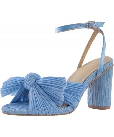 Womens Sandals Flat Summer Women Elegant Pleated Bow Bridal Sandals Block High Heel for Women Ankle Strap Heeled Sandals Blue...