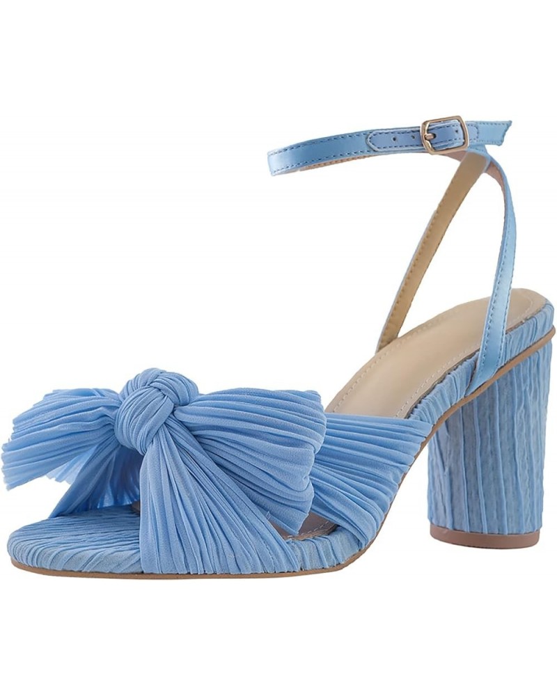 Womens Sandals Flat Summer Women Elegant Pleated Bow Bridal Sandals Block High Heel for Women Ankle Strap Heeled Sandals Blue...