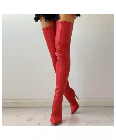 Womens Stretch Thigh High Boots Low Chunky Heel Sexy Zipper Round Toe Over The Knee High Riding Boots 37 for women B-red $32....