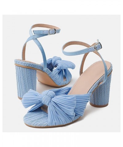 Womens Sandals Flat Summer Women Elegant Pleated Bow Bridal Sandals Block High Heel for Women Ankle Strap Heeled Sandals Blue...