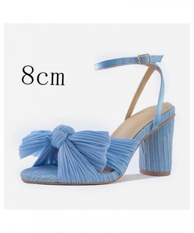 Womens Sandals Flat Summer Women Elegant Pleated Bow Bridal Sandals Block High Heel for Women Ankle Strap Heeled Sandals Blue...