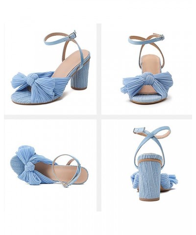 Womens Sandals Flat Summer Women Elegant Pleated Bow Bridal Sandals Block High Heel for Women Ankle Strap Heeled Sandals Blue...