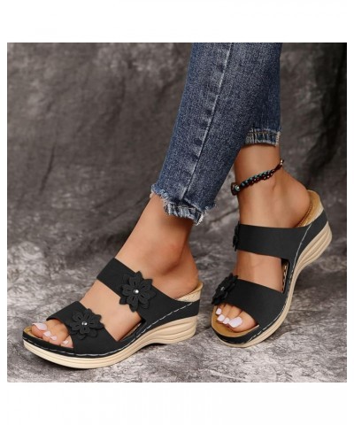 Slippers For Women Casual Roman Shoes Flowers Fish Mouth Boho Wedge Sandals Rope Sandals for Women Black $12.98 Sandals