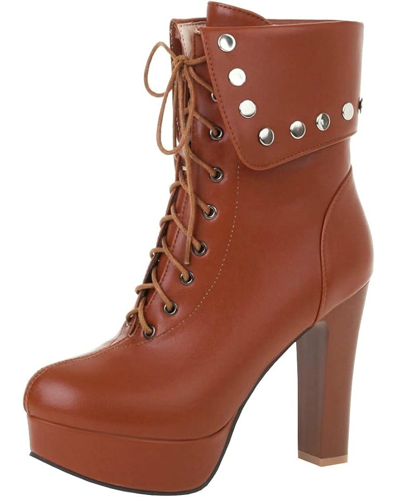 Women's Chunky High Heel Ankle Boots Lace Up Platform Short Booties Brown $34.20 Boots