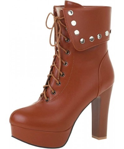 Women's Chunky High Heel Ankle Boots Lace Up Platform Short Booties Brown $34.20 Boots