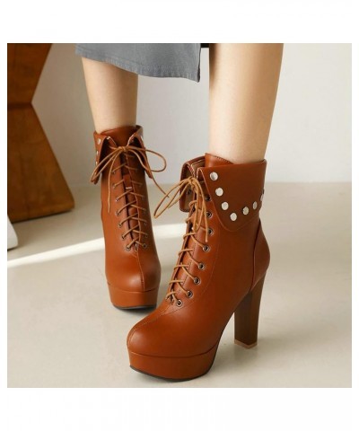 Women's Chunky High Heel Ankle Boots Lace Up Platform Short Booties Brown $34.20 Boots