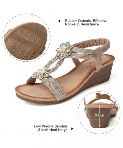 Womens Wedge Sandals Flower Low Heel Dressy Sandals Elastic Ankle Strap Rhinestone Sandals Summer Comfortable Shoe 2702-champ...