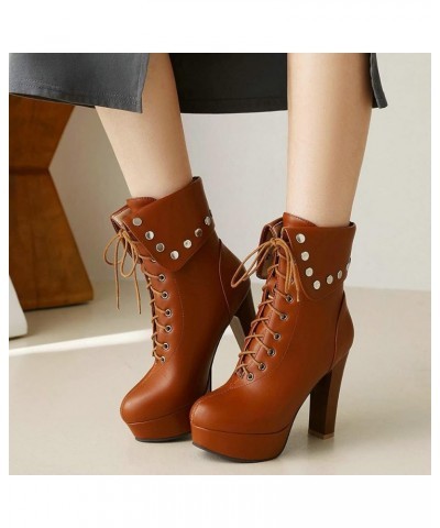 Women's Chunky High Heel Ankle Boots Lace Up Platform Short Booties Brown $34.20 Boots