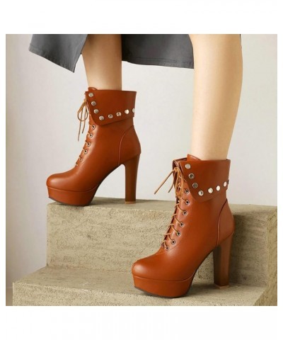 Women's Chunky High Heel Ankle Boots Lace Up Platform Short Booties Brown $34.20 Boots