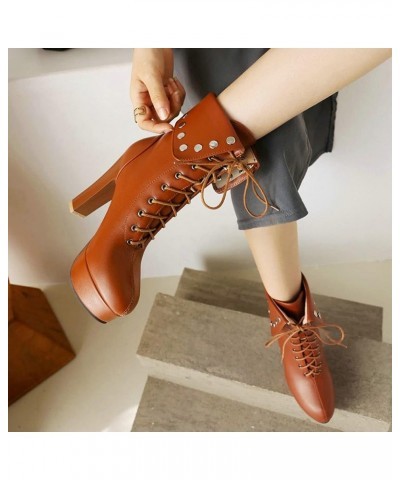 Women's Chunky High Heel Ankle Boots Lace Up Platform Short Booties Brown $34.20 Boots