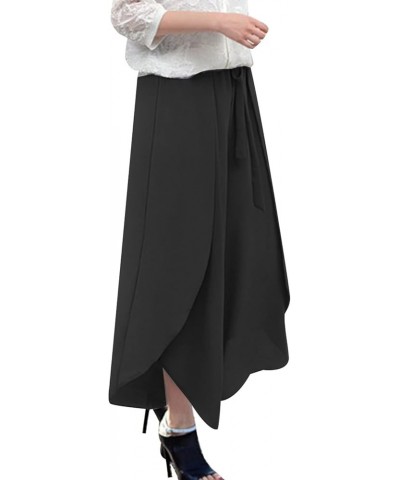 Dress Pants with Pockets Women's lace up Chiffon Trousers Elastic Waist Casual Loose Wide Casual Drawstring Pants Black $9.61...