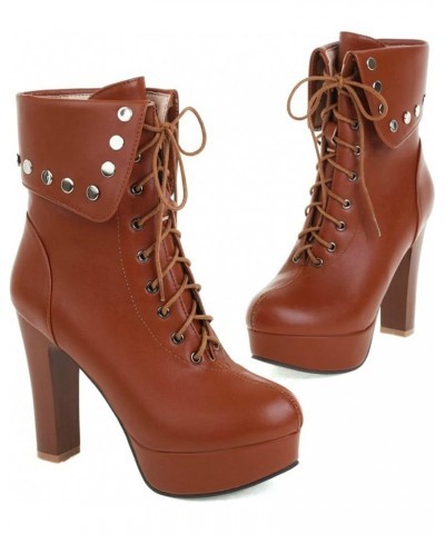 Women's Chunky High Heel Ankle Boots Lace Up Platform Short Booties Brown $34.20 Boots