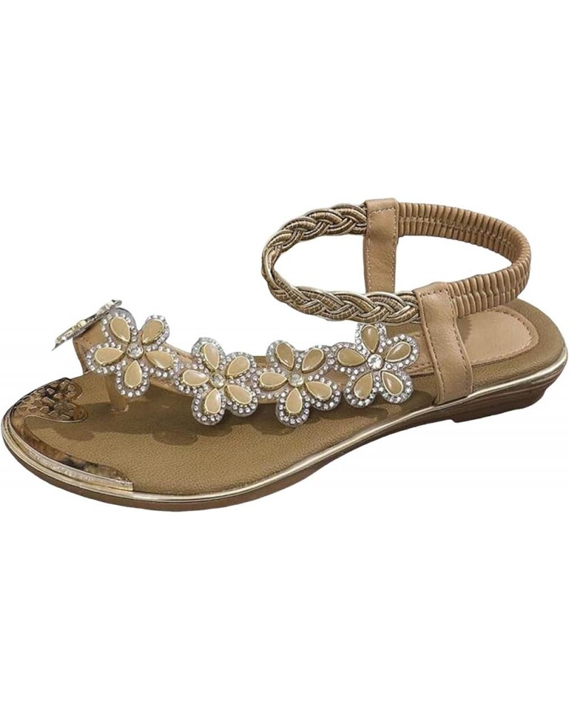 Women's Rhinestone Flat Sandals Open Toe Dressy Summer Ankle Casual Wedding Party Beach Flower Beaded Bohemian Sandals 3-beig...