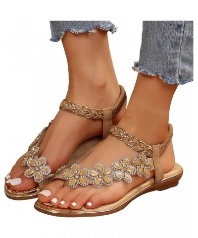 Women's Rhinestone Flat Sandals Open Toe Dressy Summer Ankle Casual Wedding Party Beach Flower Beaded Bohemian Sandals 3-beig...