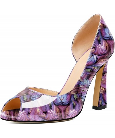 Peep Toe High Heels for Women Stiletto Heel Pumps Slip-On Open Toe 4 Inch Flare Heel Dress Shoes Patent Floral Purple $29.99 ...