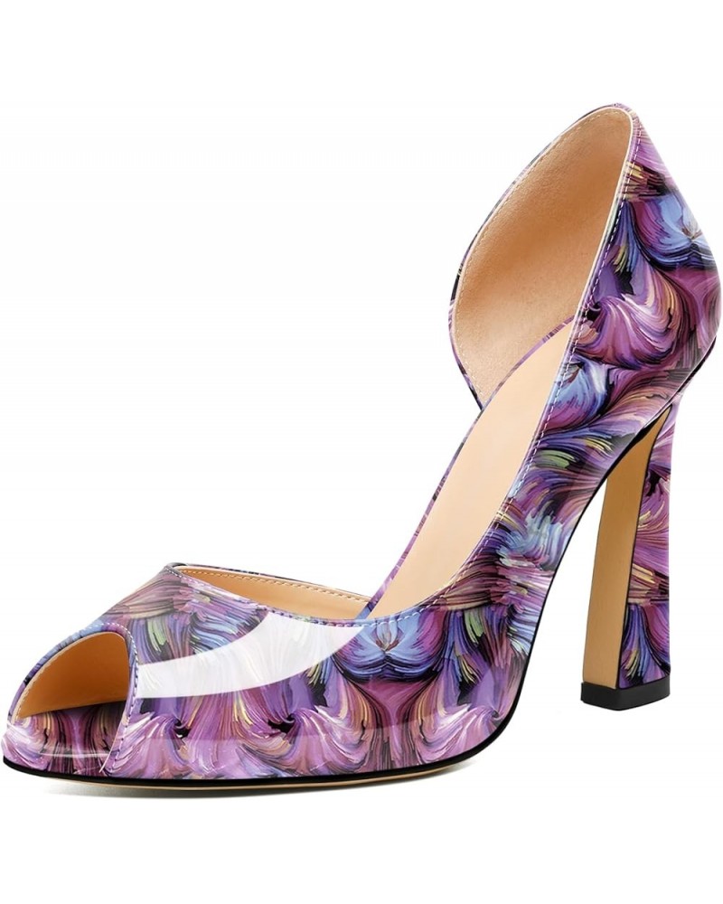 Peep Toe High Heels for Women Stiletto Heel Pumps Slip-On Open Toe 4 Inch Flare Heel Dress Shoes Patent Floral Purple $29.99 ...