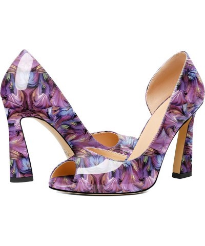 Peep Toe High Heels for Women Stiletto Heel Pumps Slip-On Open Toe 4 Inch Flare Heel Dress Shoes Patent Floral Purple $29.99 ...