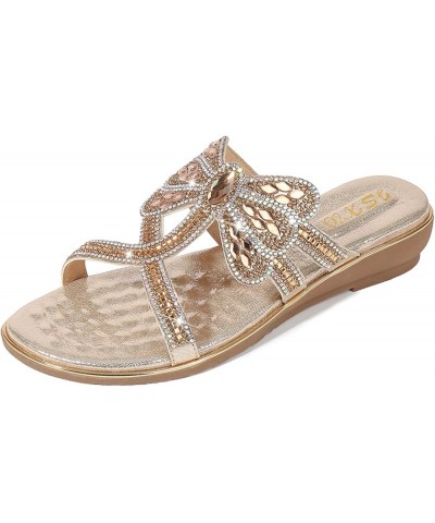 Women's Flat Sandals Summer Beach Sandal T-Strap Rhinestone Beaded Bohemia Shoes Golden for Xa8260-7-1 $17.84 Athletic Shoes