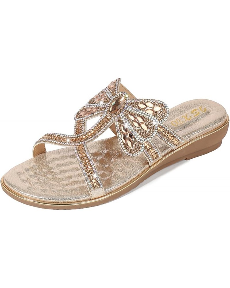 Women's Flat Sandals Summer Beach Sandal T-Strap Rhinestone Beaded Bohemia Shoes Golden for Xa8260-7-1 $17.84 Athletic Shoes