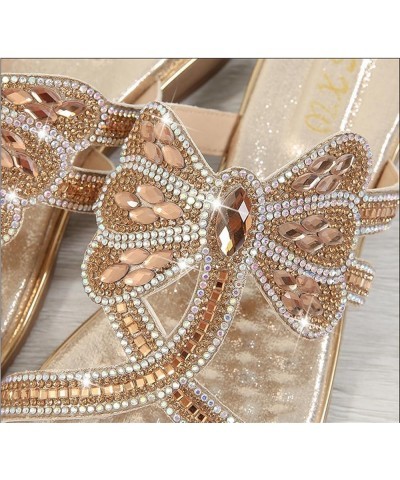 Women's Flat Sandals Summer Beach Sandal T-Strap Rhinestone Beaded Bohemia Shoes Golden for Xa8260-7-1 $17.84 Athletic Shoes