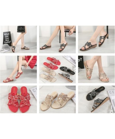 Women's Flat Sandals Summer Beach Sandal T-Strap Rhinestone Beaded Bohemia Shoes Golden for Xa8260-7-1 $17.84 Athletic Shoes