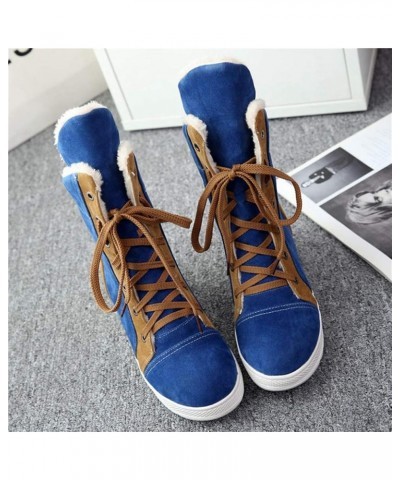 Women Wedge Snow Boots Winter Waterproof Thick Bottom Plush Warm Cold Weather Lace Up Short Boots 38 Blue $30.93 Boots