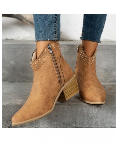 Ladies British Style Solid Color Pointed Side Zipper Thick Heel Boots for Women Low Heel Arch Support Brown $16.94 Boots