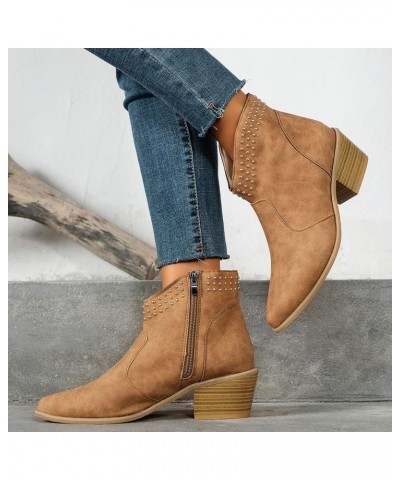 Ladies British Style Solid Color Pointed Side Zipper Thick Heel Boots for Women Low Heel Arch Support Brown $16.94 Boots