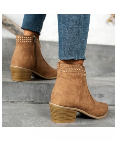 Ladies British Style Solid Color Pointed Side Zipper Thick Heel Boots for Women Low Heel Arch Support Brown $16.94 Boots