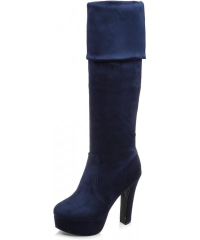 Women Warm Block Heels Over Knee Stretch Boots Blue $27.86 Boots