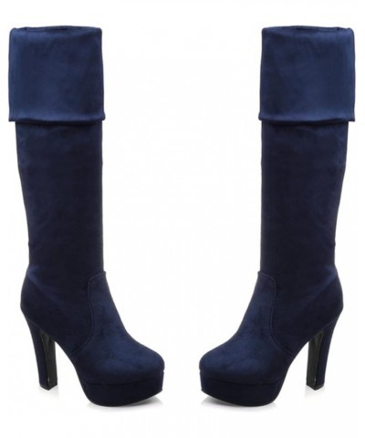 Women Warm Block Heels Over Knee Stretch Boots Blue $27.86 Boots